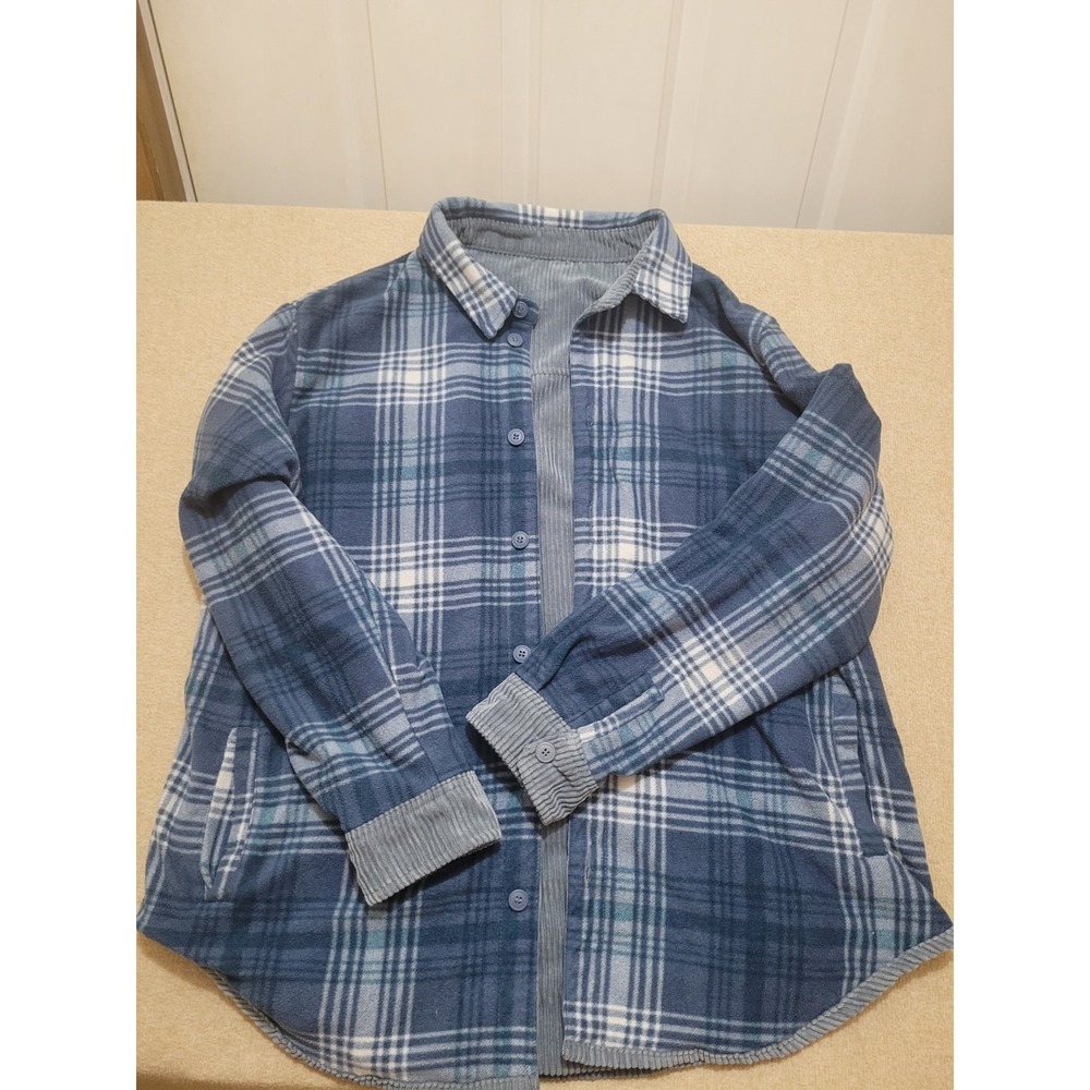 Wmns Reversible Corduroy Plaid Shirt Shacket Blue Button Front Lightweight - Picture 3 of 7